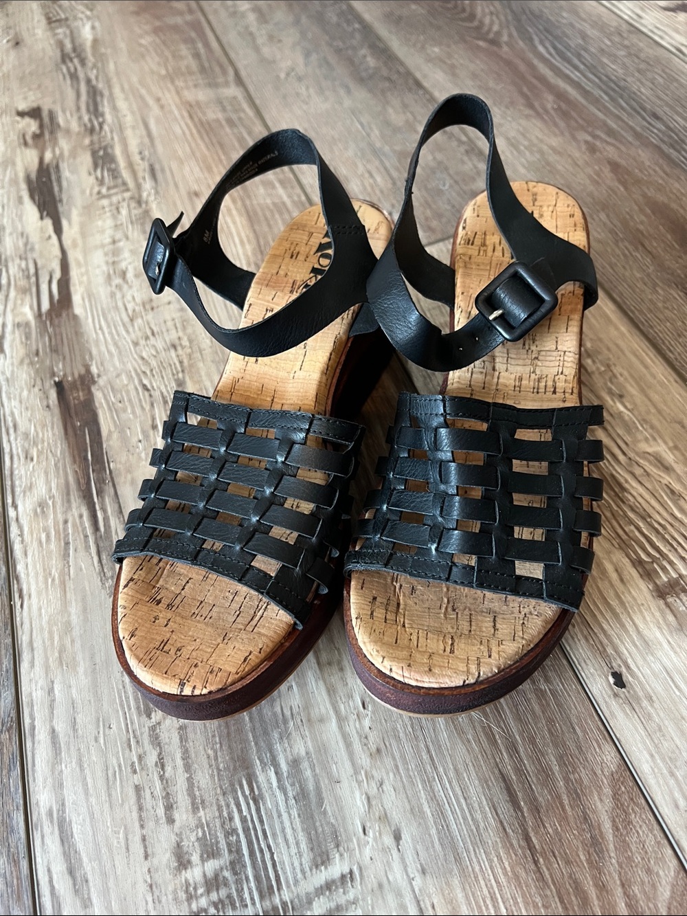 Kork-Ease Black Woven Leather Cork-Style Sandals with Ankle Strap